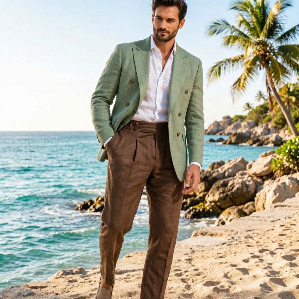 2 Piece Beige Linen Men Double - đánh giá và giá Men'S Holiday Formal Wear