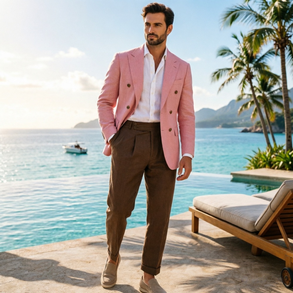 2 Piece Beige Linen Men Double - đánh giá và giá Men'S Holiday Formal Wear